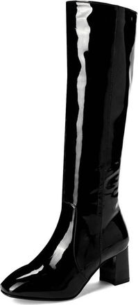 Generic Womens Patent Leather Knee High Boots Block Heel Glossy Finish Fashion Statement Footwear for Party Streetwear and Fall Winter Outfits,Black,4.5 UK