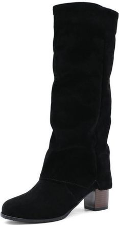 Generic Womens Knee-High Boots, Elegant Suede Long Shaft Boots with Pleated Look And Low Block Heel Slip-On Shoes Comfortable Round Toe Autumn Winter Dress Bo