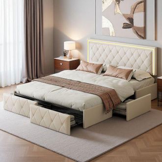 OEM Cama 140x190 Cm, Led Regulable, Tablero De Cama Ajustable, Elegancia Moderna, Cama Para Adultos, Marco De Cama Doble 140x190 Cm, Pu, Beige