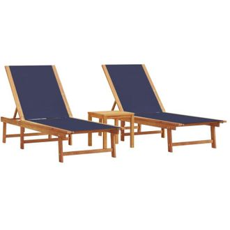 vidaXL Vidaxl - Tumbonas 2 Uds Con Mesa Madera Maciza Acacia Y Textileno Azul