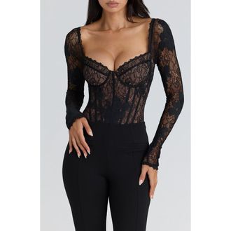 House of CB Aneira Long Sleeve Lace Corset Top in Black at Nordstrom, Size X-Small A