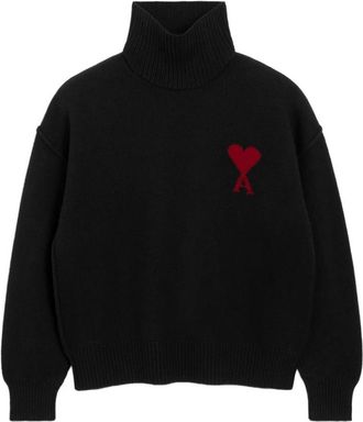 Ami Truien & Vesten, Dames, Zwart, XS, Wol, Zwarte Wollen Trui Hartmotief