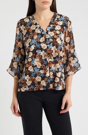 Anne Klein Floral Split Neck Bell Sleeve Top in Anne Black Multi at Nordstrom, Size X-Small