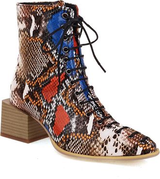 Generic Womens Lace Up Ankle Boots Synthetic Material Snakeskin Crocodile Denim Mix Pointed Toe Block Heels Comfortable Non Slip Durable for Daily Wear Street