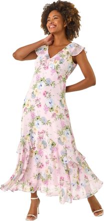 Roman Womens Floral Print Chiffon V-Neck Midi Dress - Pink - Size 10 UK