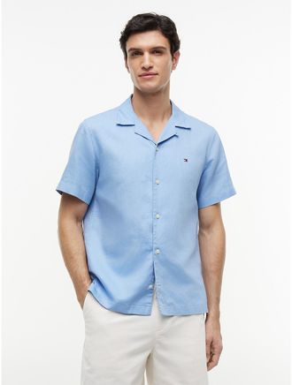 Tommy Hilfiger Mens Regular Fit Cotton-Linen Camp Shirt - Blue - XXL