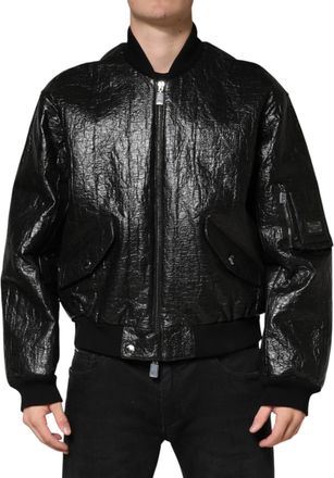 Dolce & Gabbana Black Cellulose Leather FullZip Biker Mens Jacket