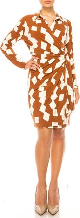 Donna Morgan Long-Sleeve Geo Print Wrap Dress In Brown Ivory