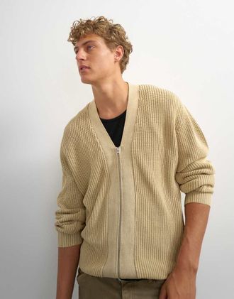 Topman Cardigan beige in maglia lavaggio acido con zip-Giallo