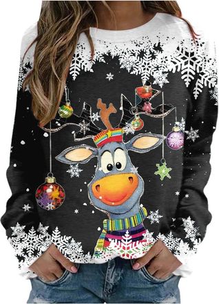 Generic Christmas Sweatshirts for Women Funny Reindeer Snowflake Graphic Print Casual Long Sleeve Shirts Tunic Tops Womens Ugly Christmas Sweatshirts Womens L