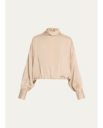 Brunello Cucinelli Fluid Silk Satin Long-Sleeve Bubble Blouse