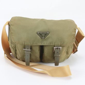 Prada Green Khaki Leather Nylon Messenger Bag Shoulder Bag (Pre-Owned)