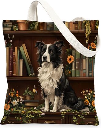 Generic Spring Border Collie Dog Canvas Tote Bag for Shopping 13x15, Flower Bookshelf Puppy Reusable Grocery Print Bag for Women, Fun Pet Beach Aesthetic Pain