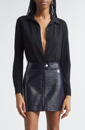 Courr&egrave;ges Merino Wool Polo Cardigan in Black at Nordstrom, Size X-Small