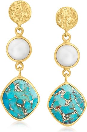 Ross-Simons Turquoise and 7mm Cultured Pearl Drop Earrings in 18kt Gold Over Sterling
