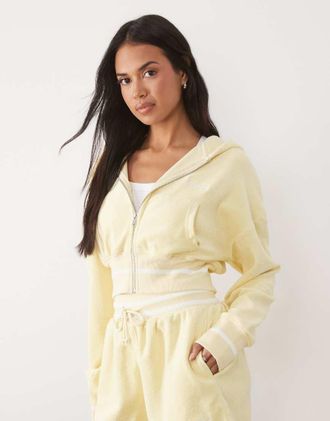 KAIIA Felpa con cappuccio oversize in spugna color limone con riga laterale e zip con logo ricamato in coordinato-Giallo