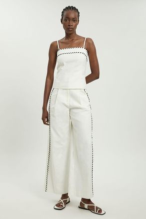 Karen Millen Womens Tailored Linen Blend Contrast Stitch Straight Leg Trouser - White Cotton - Size 10 UK