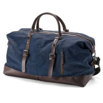 Trendhim | Blue Travel Bag | Genuine Leather and Canvas | Adjustable Shoulder Strap
