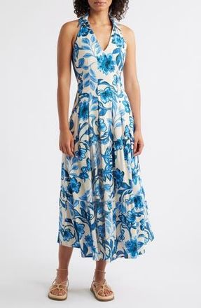 Adelyn Rae Lenni Floral Print Halter Dress in Blue at Nordstrom Rack, Size Large