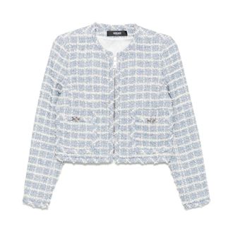 Versace Cardigans, female, Blue, Size: XS Blue Zip Front Jacket Stylish Design