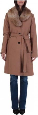 Michael Kors Faux Fur-Collar Wool Blend Coat - Dames - Jas met riem - Bruin - L - Wol - Jassen