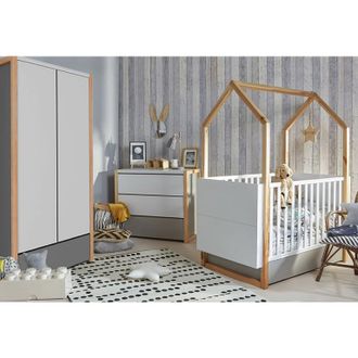 OEM Chambre Compl&egrave;te Lit &Eacute;volutif Cabane 70x140 Commode &Agrave; Langer Et Armoire 2 Portes Bellamy Pinette Blanc Et Gris