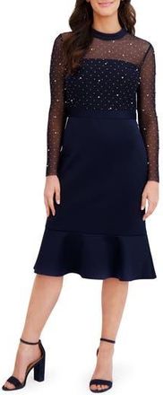 London Times Embellished Illusion Long Sleeve Midi Dress in Navy/Navy at Nordstrom Rack, Size 14