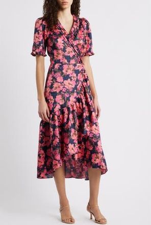 Caslon Floral Satin Jacquard Faux Wrap Dress in Navy Still Lola Rose at Nordstrom Rack, Size Medium