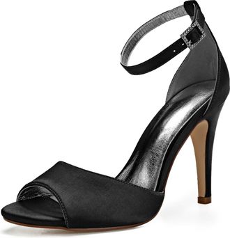 Generic Wedding Shoes Womens Heels High Heels Satin Bridal Shoes Stiletto Ankle Strap Open Toe High Heels Sandals10.5 Cm,Black,4 UK
