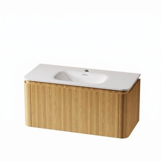 Royal Plaza Terra Badkamermeubelset - 100x46.2x46cm - solid surface wastafel wit mat - 1 wasbak - 1 kraangat - 2 lades - sandwood (licht eiken)
