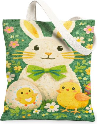 Generic Easter Bunny Floral Canvas Tote Bags, Cute Rabbit Chick Pattern Reusable Grocery Bags, Spring Lightweight Washable Shoulder, Green, 13x15 Inch