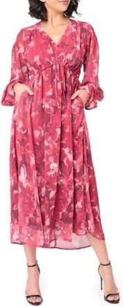 Gibsonlook The Blissful Floral Print Tie Waist Long Sleeve Maxi Dress in Roseberry Red Floral at Nordstrom Rack, Size Xx-Small