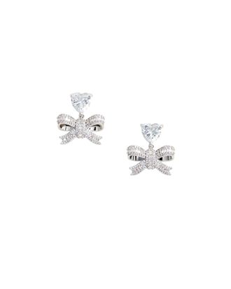 Self Portrait Crystal Bow Drop Earrings With Heart-Shaped Accents