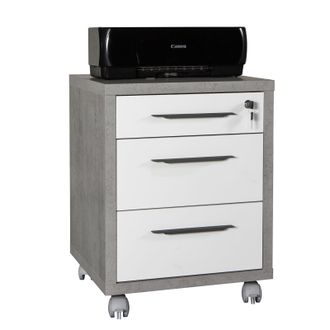 Composad Cassettiera Con 3 Cassetti E Ruote Finitura In Cemento E Bianco Laccato Con Chiave E Ruote