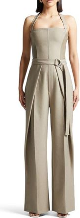Mani&egrave;re De Voir Sabine Tailored Pleat Jumpsuit with Belt in Beige at Nordstrom, Size 8