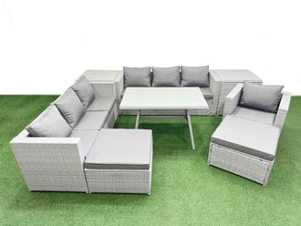 Fimous 9-seater Patio 3 Seater Sofa Armchair Set with 2 Side Tables 2 Stools in Light Grey