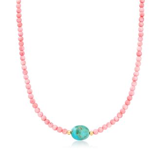 Ross-Simons Turquoise and Pink Coral Bead Necklace With 18kt Gold Over Sterling
