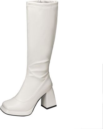 Generic Women Knee High Metallic PU Leather Round Toe Fashion Boots Platform Block Heels Side Zip Glossy Solid Color Comfortable Durable,White,3.5 UK