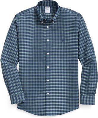Brooks Brothers Plaid Wrinkle Resistant Stretch Cotton Button-Down Shirt in Navy Green Heron Check at Nordstrom, Size Xx-Large