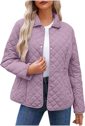 Generic Womens Quilted Jacket Lapel Collar Long Sleeve Button Coat Lightweight Puffer Loose Coats Solid Color Padded Warm Winter Overcoat Casual Hiking Travel