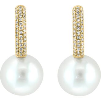 Effy 14K Yellow Gold Fresh Water Pearl Drop Diamond Huggie Earrings in 14K Gold at Nordstrom