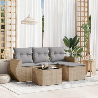 vidaXL Juego De Sof&aacute;s Jard&iacute;n Con Cojines 5 Pzas Rat&aacute;n Sint&eacute;tico Beige Vidaxl