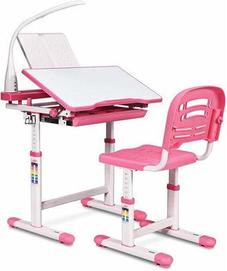 Costway Escritorio Para Ni&ntilde;os Con L&aacute;mpara Silla Mesa De Dibujar Lectura Para Infantil &Aacute;ngulo Y Altura Ajustable Rosa - Costway