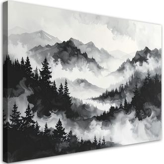 Feeby Cuadro Sobre Lienzo, Monta&ntilde;as Y Bosque En La Niebla Paisaje Minimalista, 120x80