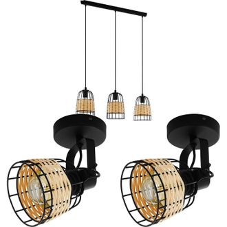 Loops Ceiling Spot Light & 2x Matching Wall Lights Black Wire & Wicker Wood Shade