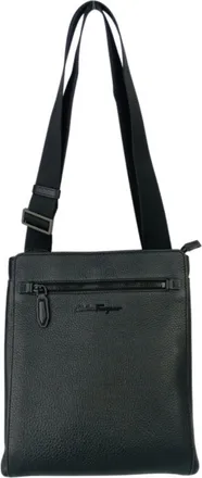 Ferragamo Black Leather Messenger Bag Shoulder Bag (Pre-Owned)