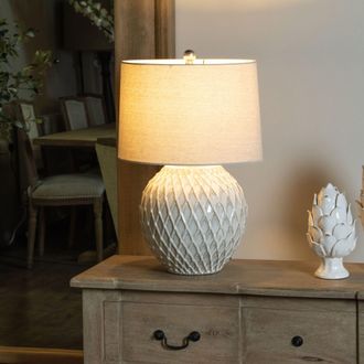 Dibor Diamond Relief Table Lamp Ceramic French Country Style Desk Lamp with Linen Shade Bedside Table Night Light Home Table Lamp