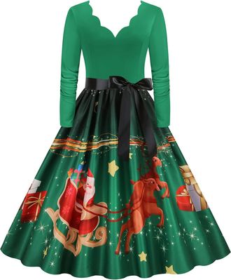 Generic Christmas Dresses for Women Xmas Prin Ladies Elegant A Line Christmas Costumes Loose Round Neck Christmas Dress Long Sleeve Cocktail Dress Funny Years