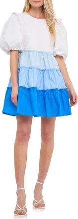 English Factory Colorblock Puff Sleeve Minidress in Blue at Nordstrom, Size X-Small