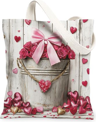Generic Heart Floral Canvas Tote Bags, Rose Bow Pattern Reusable Grocery Bags, Spring Vintage Lightweight Washable Shoulder Strap Canvas for Travel Picnic 13x